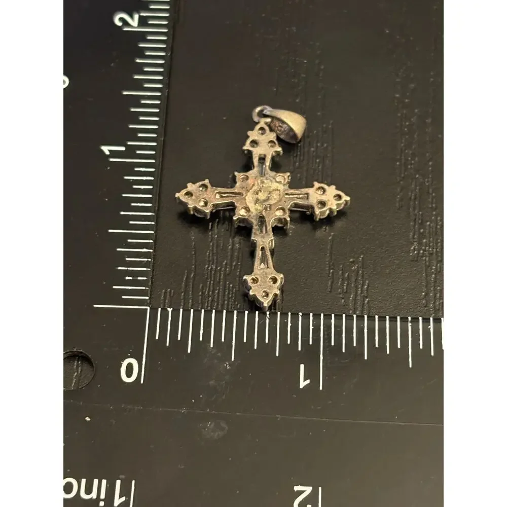 Vintage Rhinestone Cross Pendant Silver Tone Baguette